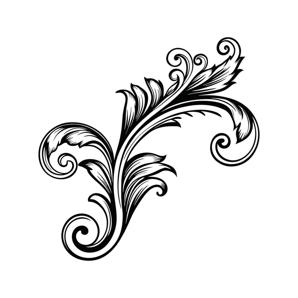 Decorative black and white flourish design element with elegant leaves and swirls vector