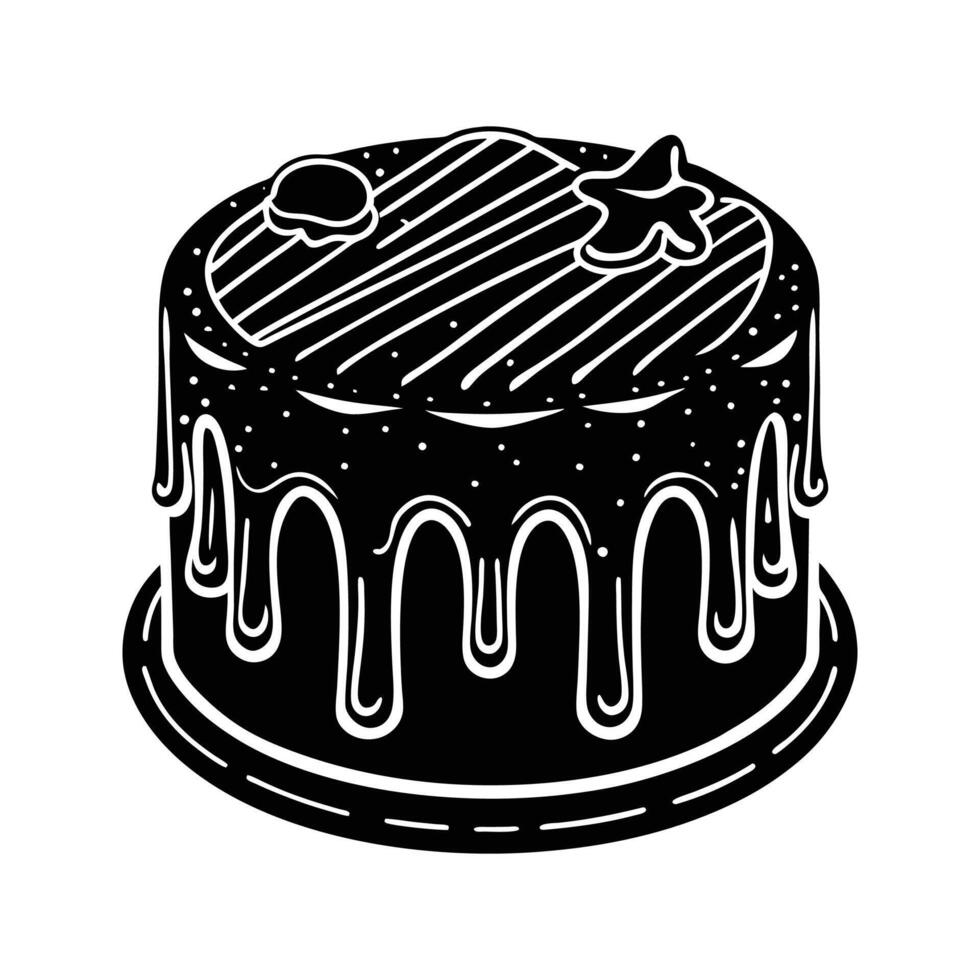 Delicious hand drawn black and white cake with drizzling glaze and decorative toppings vector