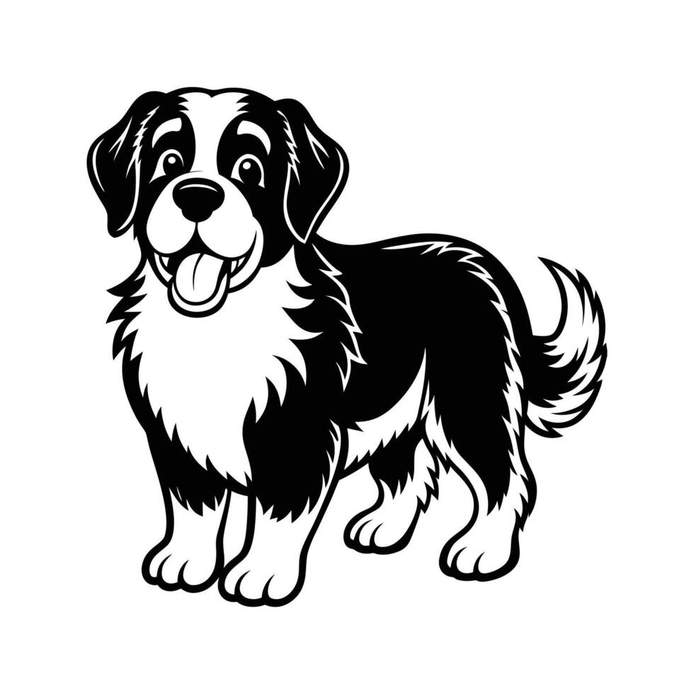 Happy black and white dog cartoon smiling with tongue out standing ready to play vector