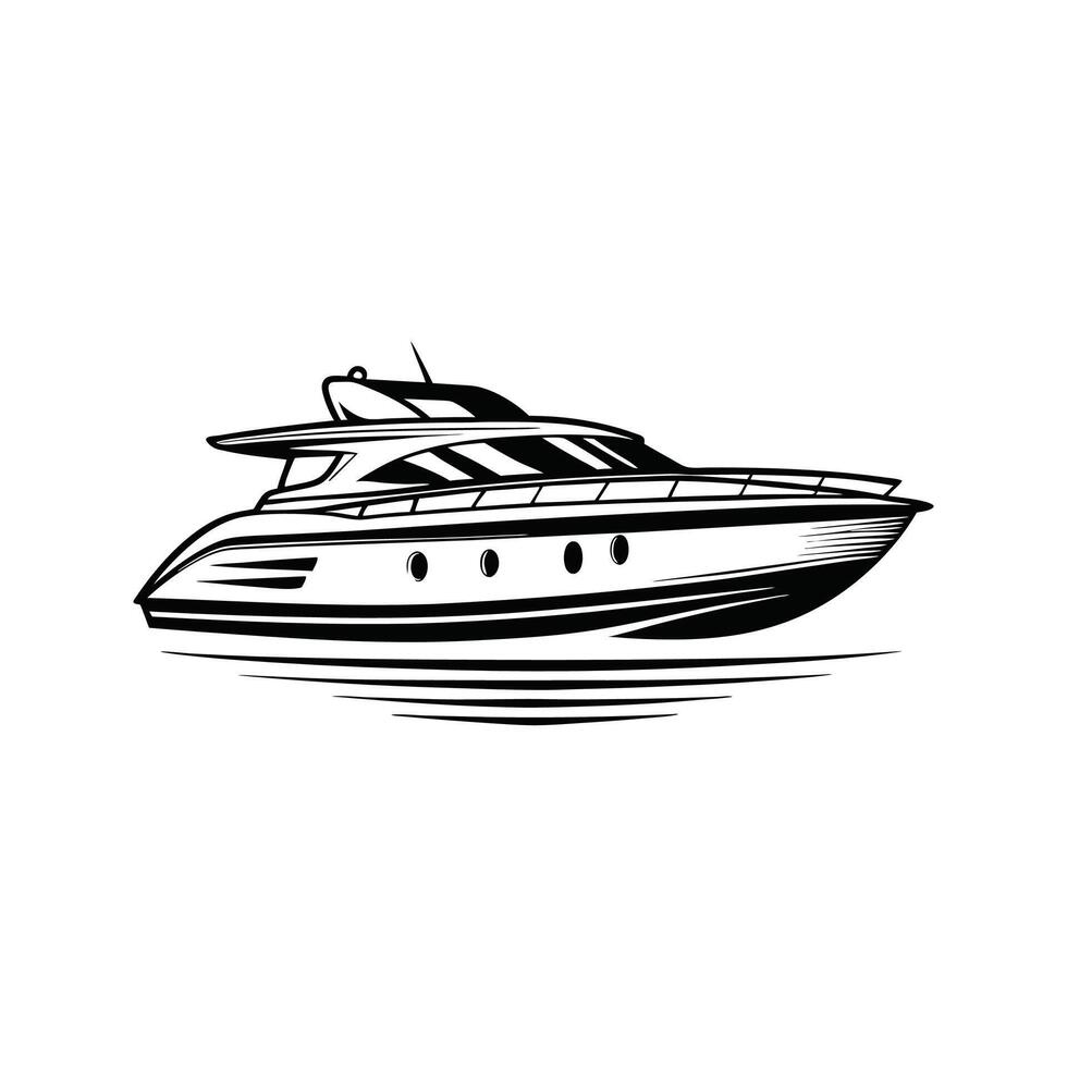 Elegant black and white illustration of a luxurious motor yacht cruising on calm waters vector