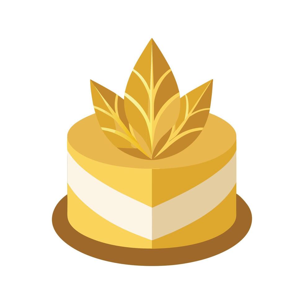 Delicious illustration of a golden cake decorated with stylized golden leaves on a white background. vector
