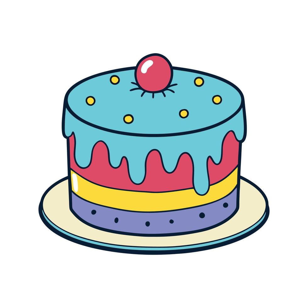 A colorful cartoon cake decorated with icing and a cherry on a white background vector