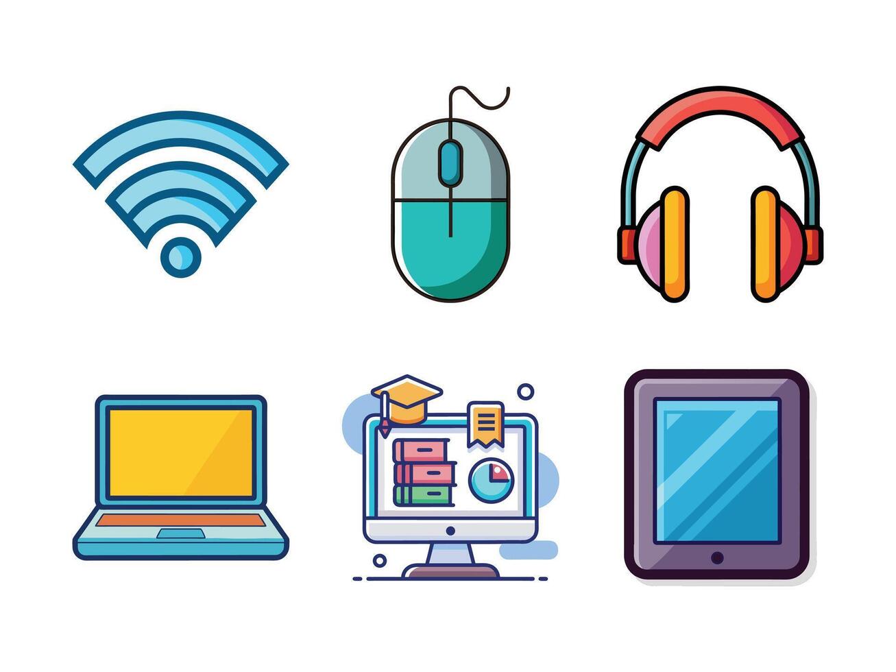 Colorful modern icons representing technology devices and online education tools in a simple style vector