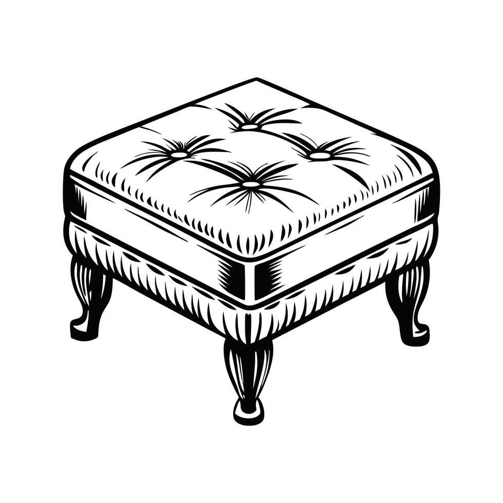 Elegant antique footstool illustration in black and white isometric view isolated on white background vector