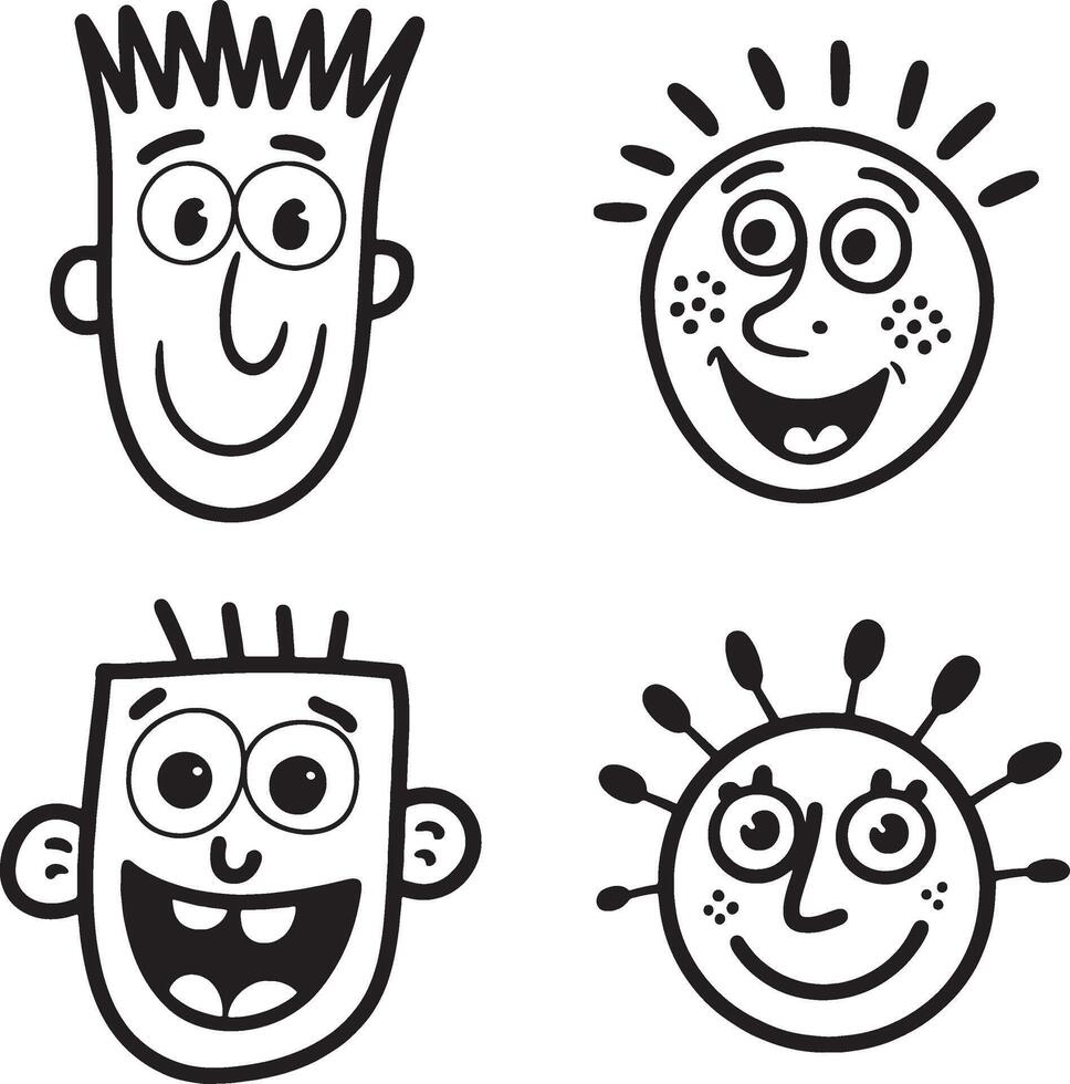 Happy cartoon faces set black and white illustrations vector