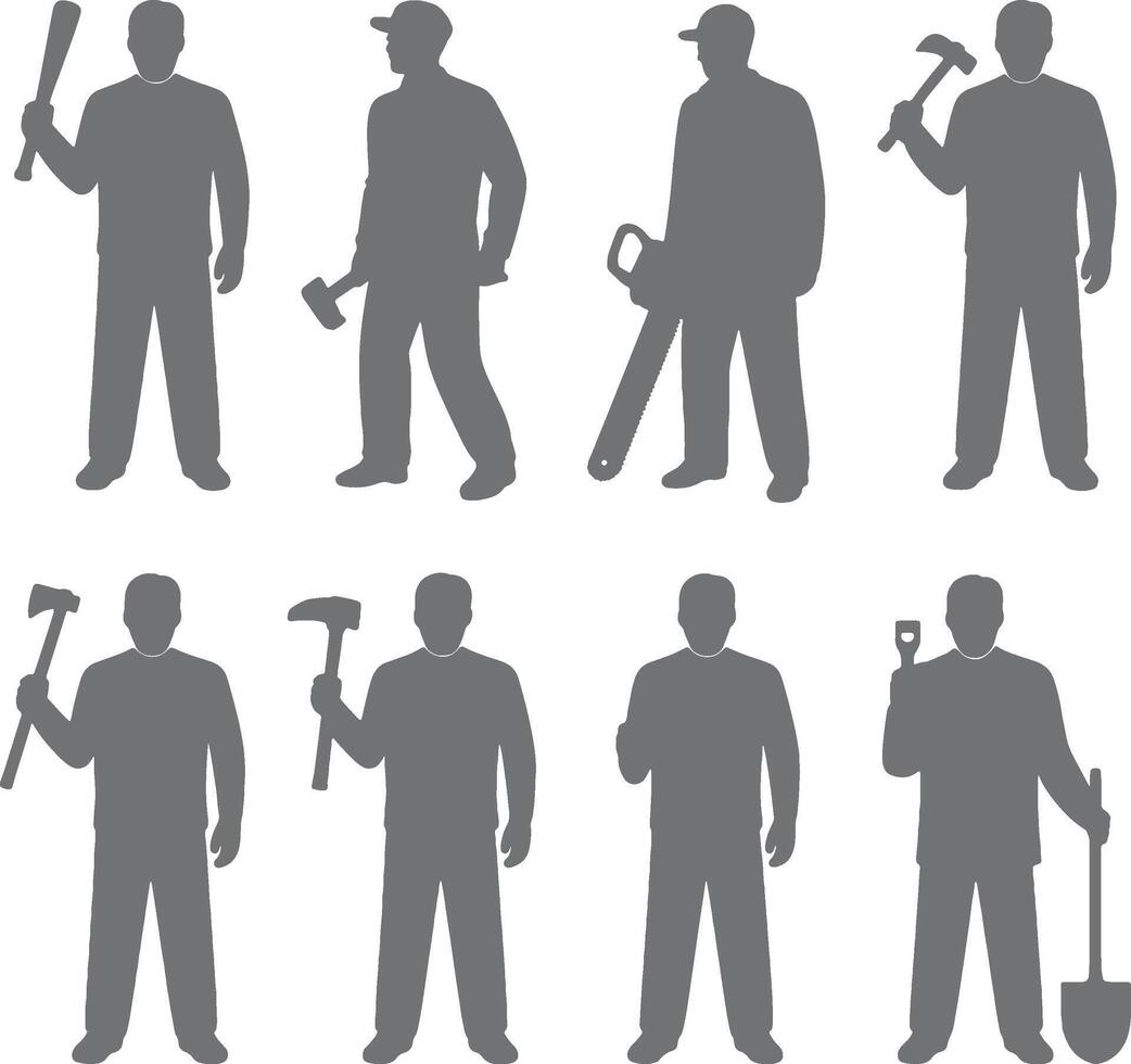 Eight silhouettes of men with various tools vector