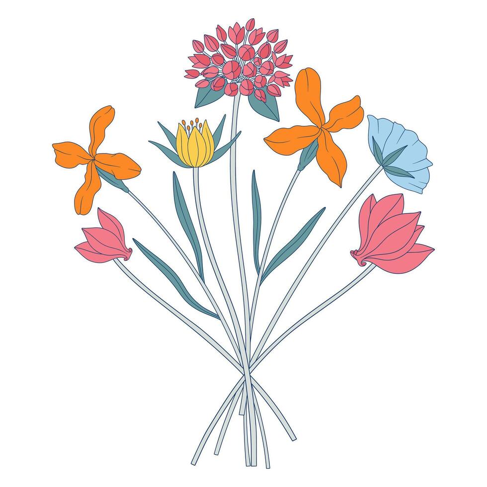 Bright bouquet of wildflowers. Bunch with cyclamen, matthiola, different meadow flowers, and blooming wild plants. Botanical hand drawn elements for design projects, illustration vector