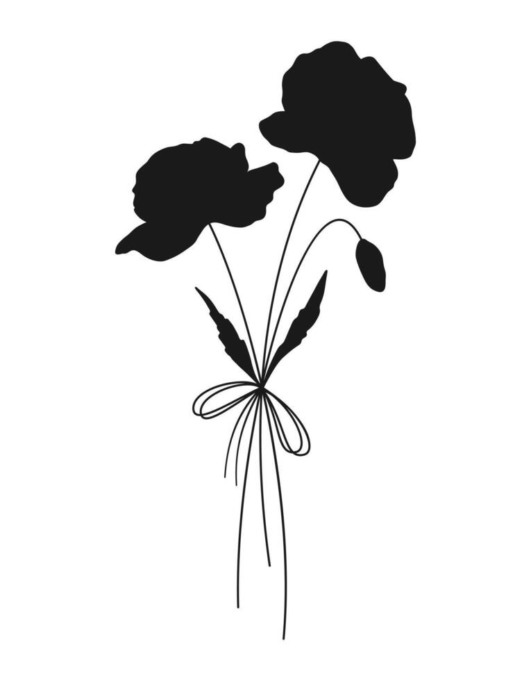 Wildflower black silhouette bouquet on white background. Hand drawn flowers, meadow herbs, wild plants, and botanical elements for design projects, illustration vector