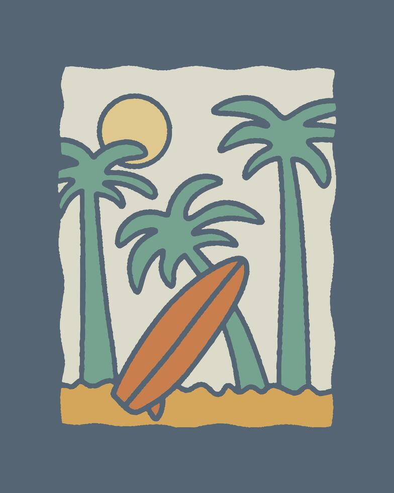 Palm tree and surfboard on summer vibes for t shirt badge sticker illustration vector