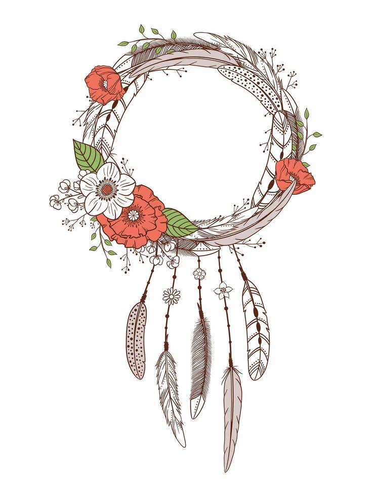 Dream catcher with feathers and flowers. Boho style. Hand drawn magic symbol. Bohemian talisman. American native indian amulet and illustration isolated on white. vector