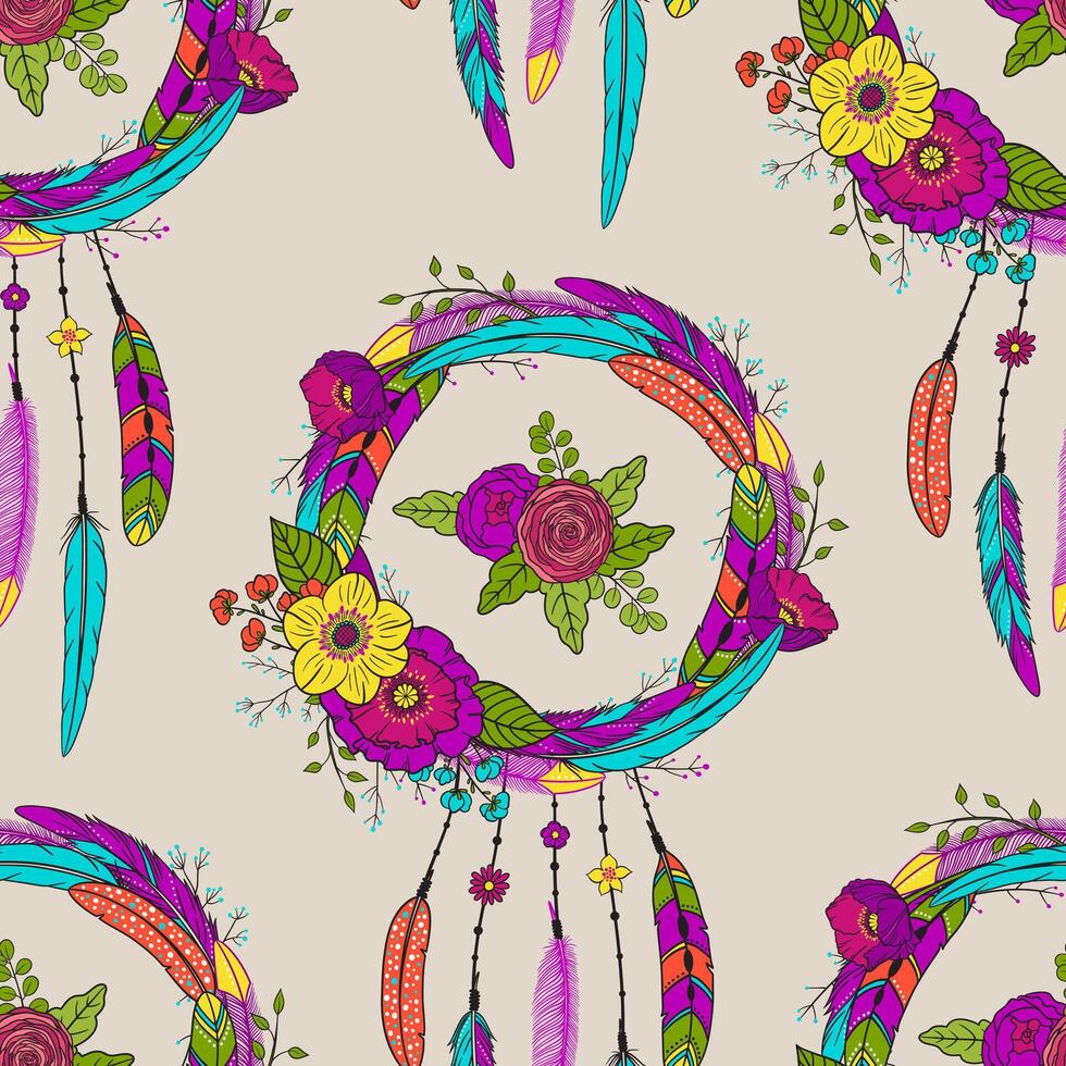 Seamless pattern with hand drawn dreamcatchers and flowers. Boho style. Pattern for textile, packaging, greeting card, invitation. Bohemian talisman. American native tribe amulet, illustration vector