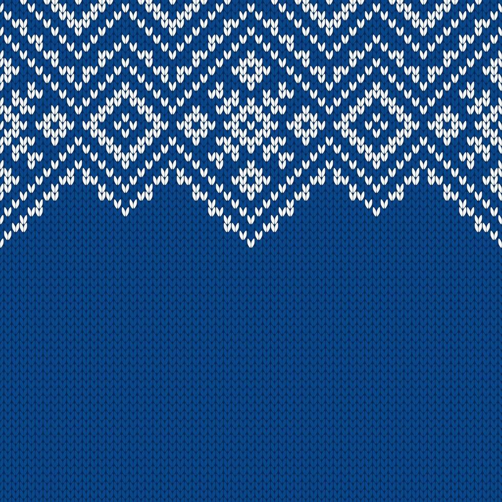 Knitwear texture. Template with empty place for text, blue white bg. Traditional seasonal seamless background for holiday design. Winter knitted wool sweater pattern with snowflakes. Christmas vector
