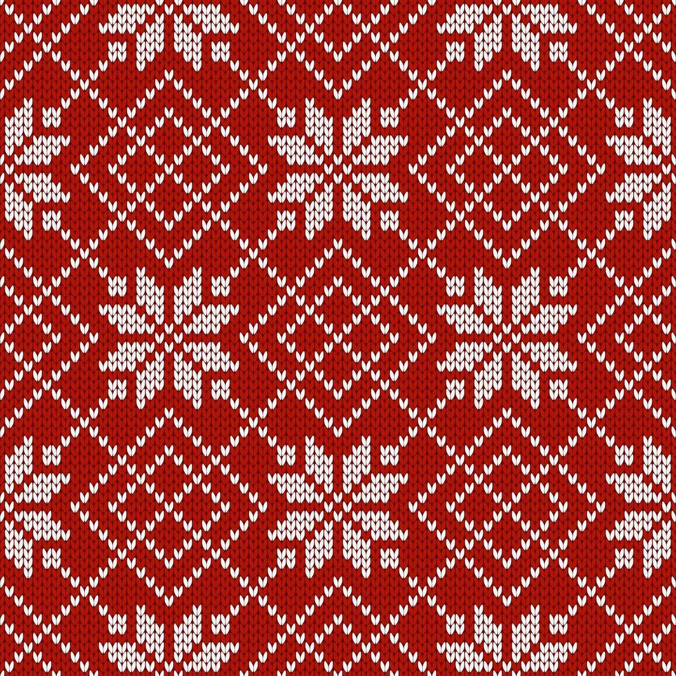 Winter knitted pattern. Nordic ethnic style ornament with snowflakes and rhombs. Holiday background, diamond red pattern seamless texture. vector