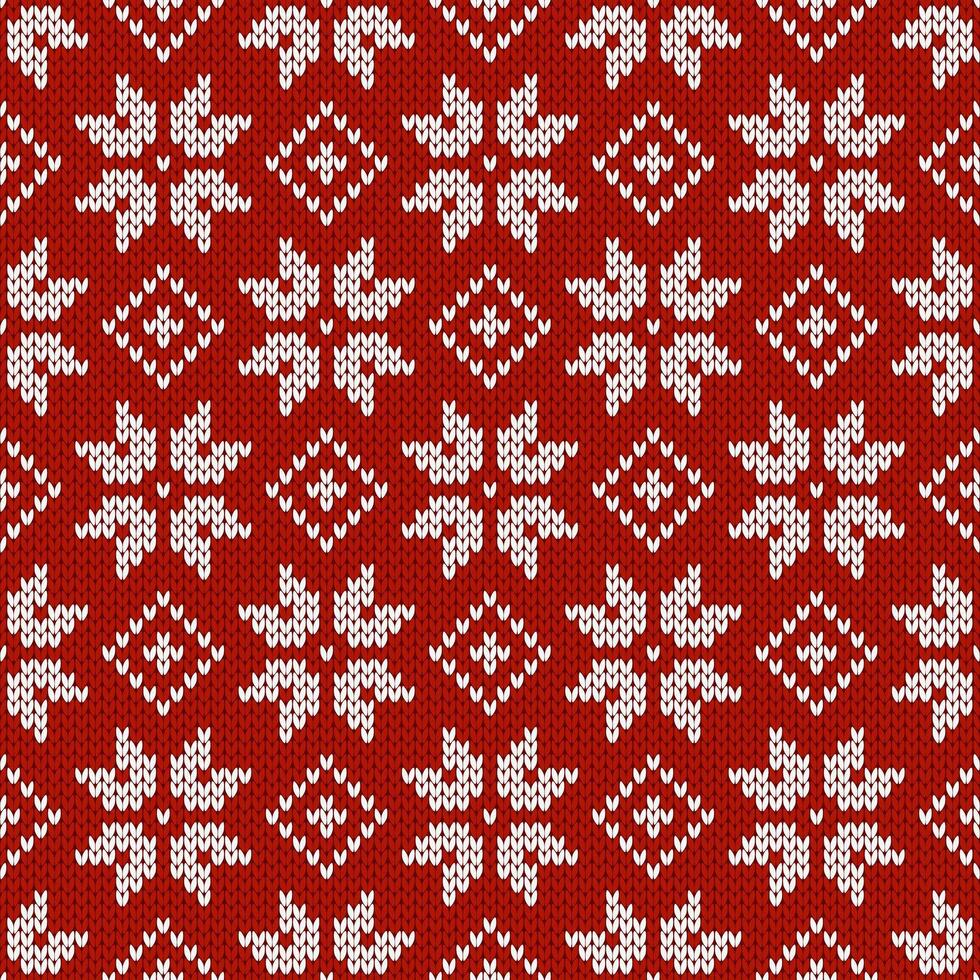 Christmas and New Year traditional knitted seamless pattern with snowflakes. Norwegian style sweater. Wool textured, illustration. Holiday red white background. vector