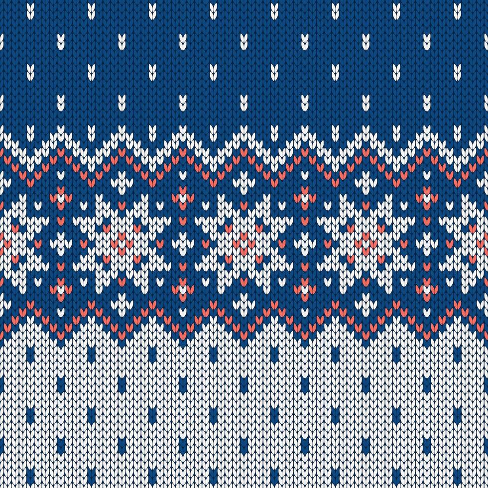 Scandinavian knitted seamless pattern. Norwegian native style sweater, ornament with snowflakes. Fair Isle design. Wool texture. Winter holiday background, blue and white illustration. vector