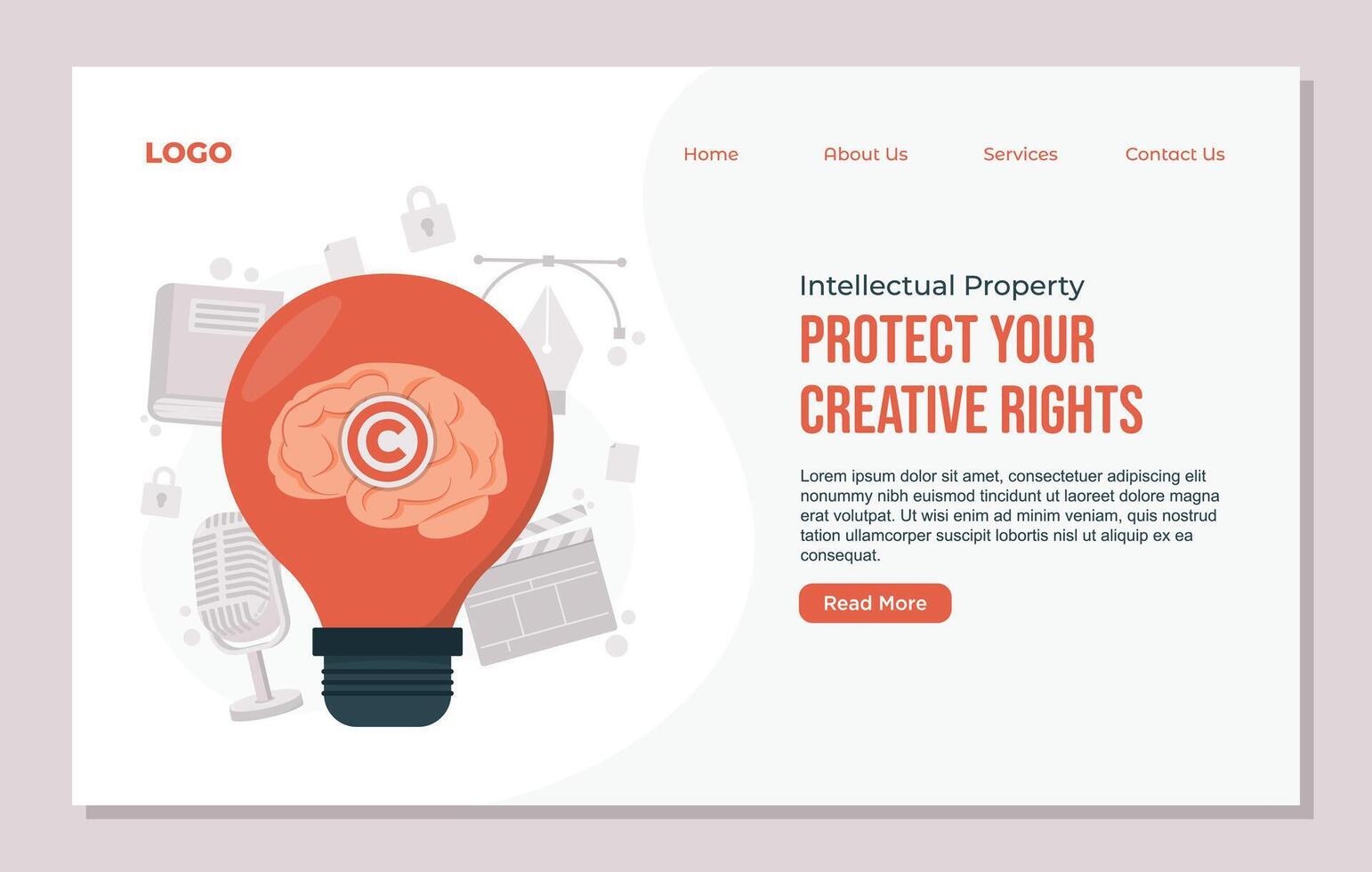 intellectual property copyright web site design template with flat cartoon brain and lightbulb vector