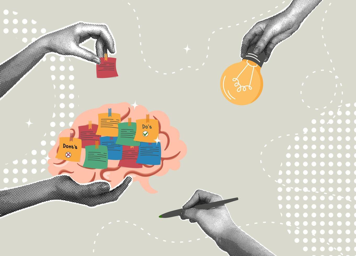 Trendy halftone collage. Creative brainstorming and problem solving concept. Thought concept, ideas memo, task reminder, mind map. illustration vector