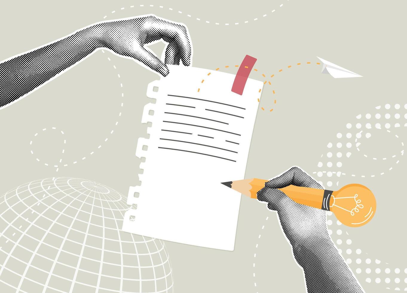 Trendy collage of halftone images. Documenting and sharing creative ideas. The concept of writing a note, memo, information, article, or new idea. vector