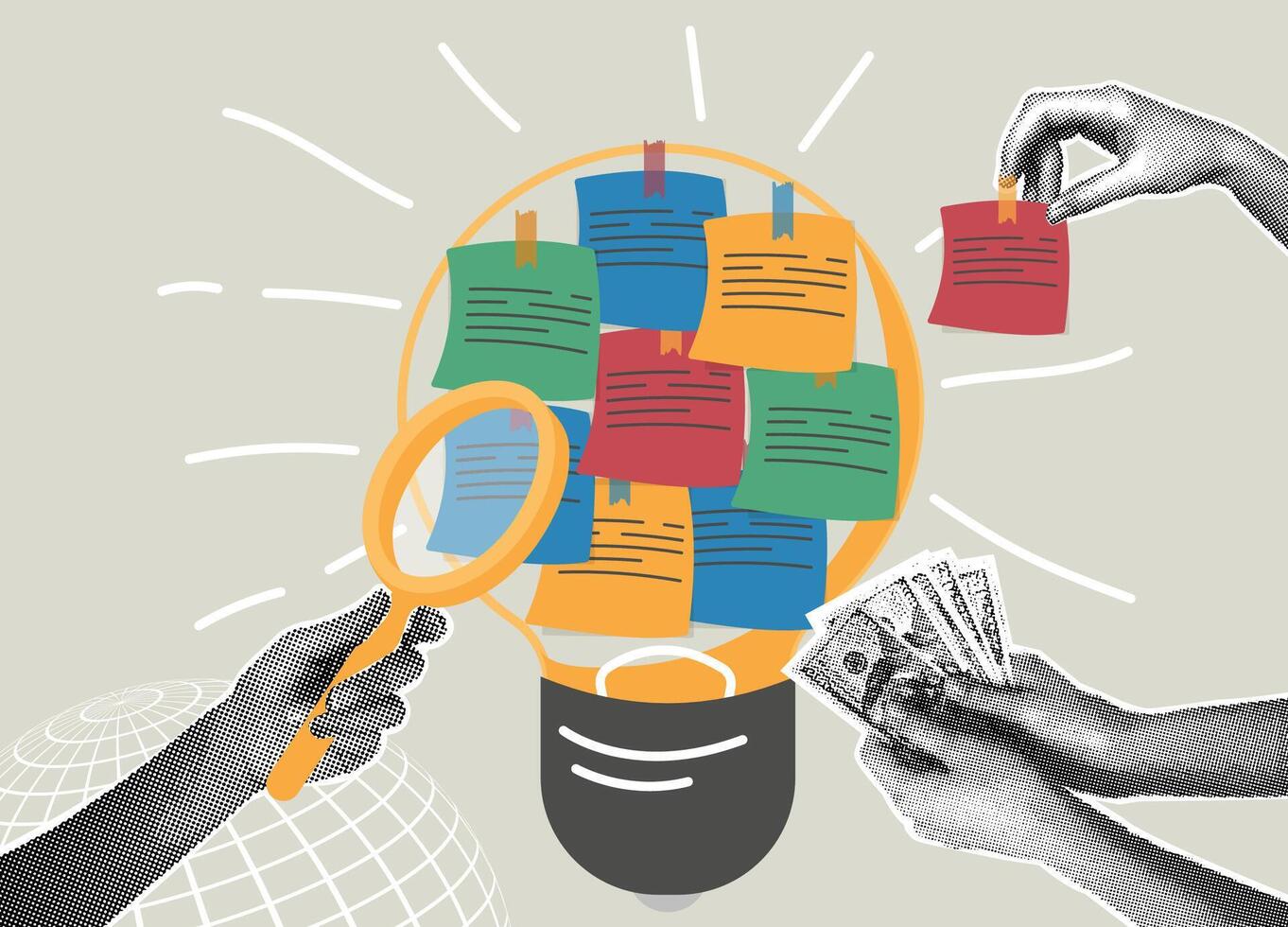 A trendy collage of halftone images. Idea generation, investment, profit, and brainstorming. The concept of gathering ideas, brainstorming for new ideas, generating ideas, teamwork vector