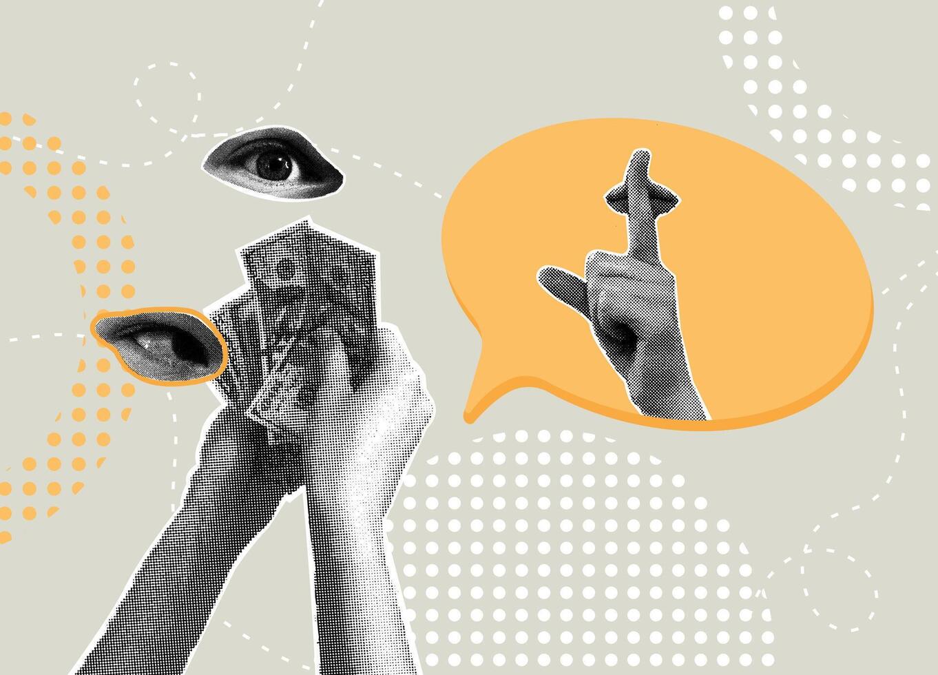 Trendy halftone collage. Money talks. The concept of investment, increasing profits, the concept of calculating savings, keeping secrets. illustration vector