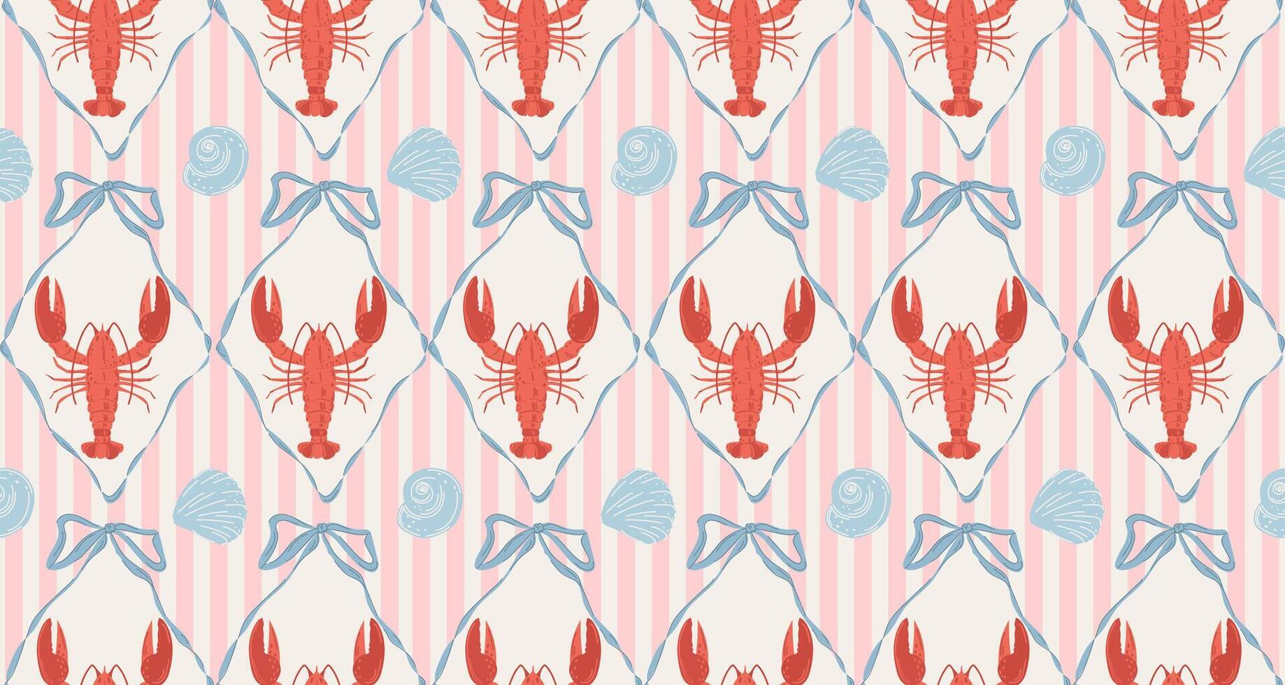Vintage seamless pattern with hand-drawn bows, lobsters, and seashells. Modern coastal background. Vintage damask pattern. vector