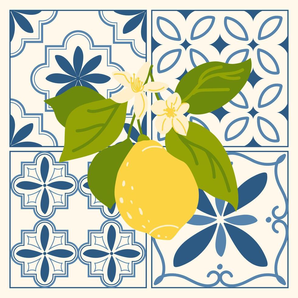 illustration in doodle style. Lemon branch with flowers on a background of Mediterranean blue and white tiles. Summer Italian illustration. Sketch of a poster in dolce vita style. vector