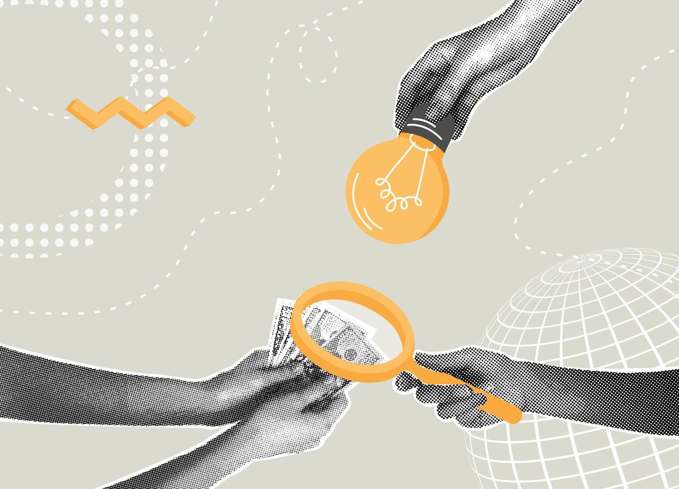 Trendy halftone collage. Conceptual illustration of investment and idea generation. The concept of investment, new ideas with increased profits, the concept of problem solving. illustration vector