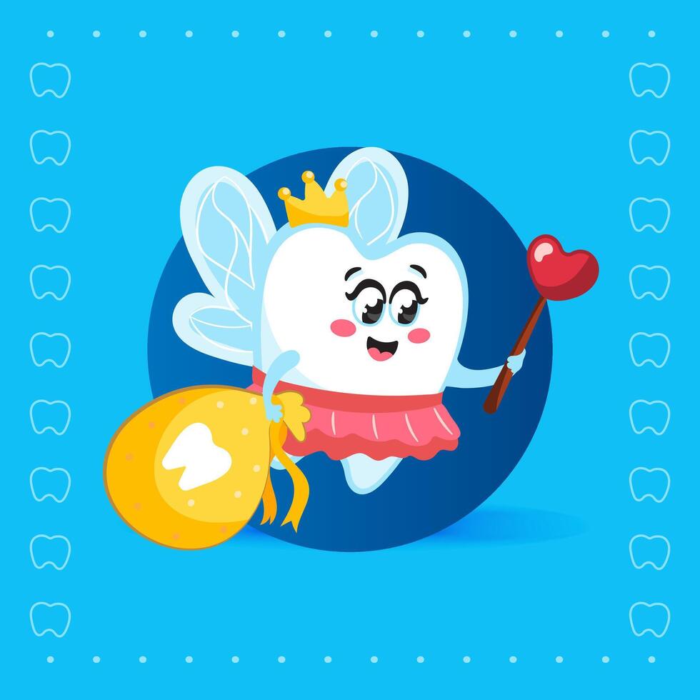 Cute Tooth Fairy Character Flying with Magic Wand and Tooth Bag vector