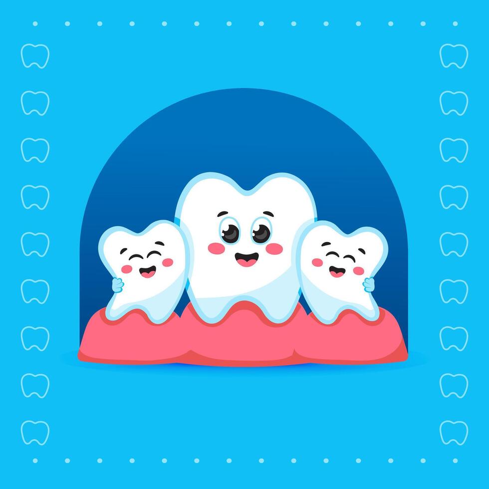 Three Cute Tooth Characters Hugging on Blue Background vector