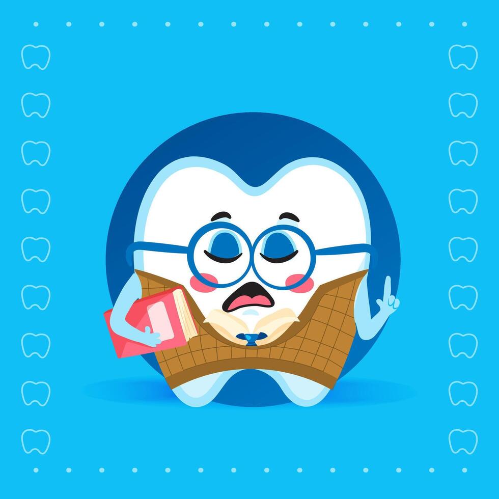 Smart Tooth Character with Glasses and Books on Blue Background vector