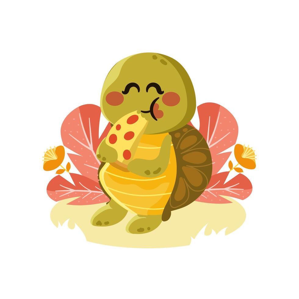 Cute Turtle Mascot Eating Pizza with Plants vector
