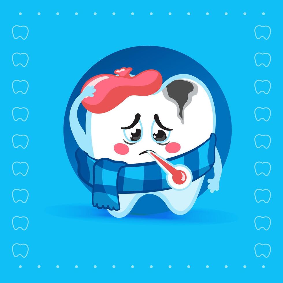 Cute Sick Tooth Character with Scarf and Thermometer vector