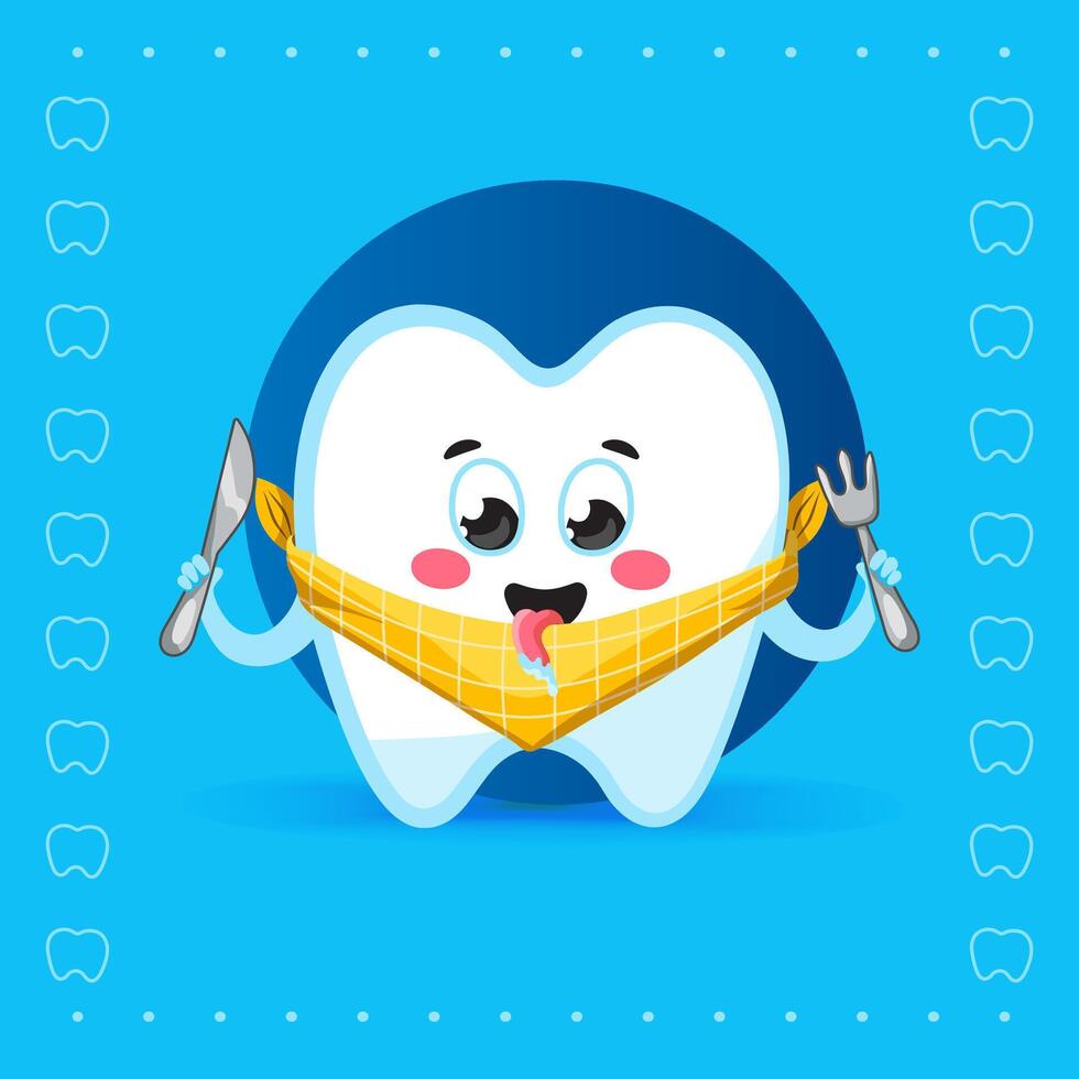 Cute Hungry Tooth Character with Bib on Blue Background vector