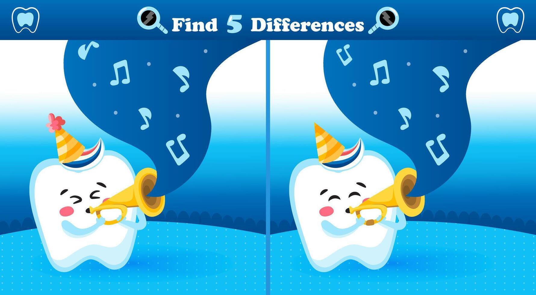 Find the Differences Game with Cute Tooth Playing Trombone vector