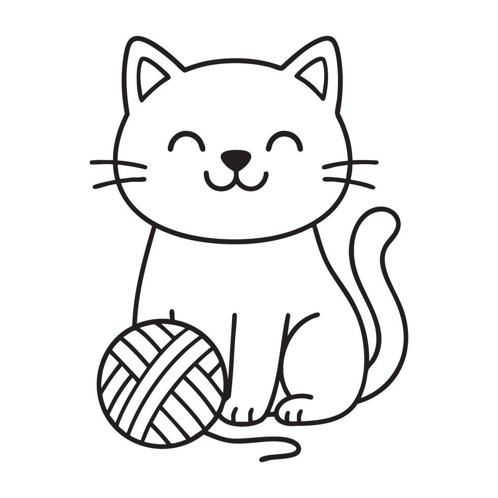 Cute Cartoon Cat with Yarn Coloring Page vector