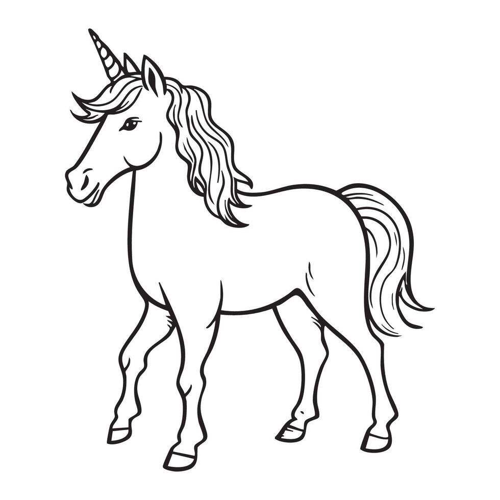 Simple Cartoon Unicorn Coloring Page for Kids with Flowing Mane and Magical Horn vector