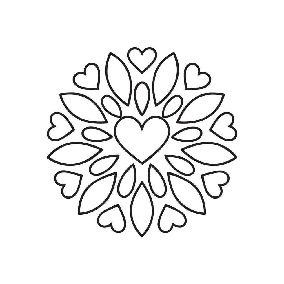 Heart Mandala Coloring Page with Symmetrical Petal and Heart Motif Design vector