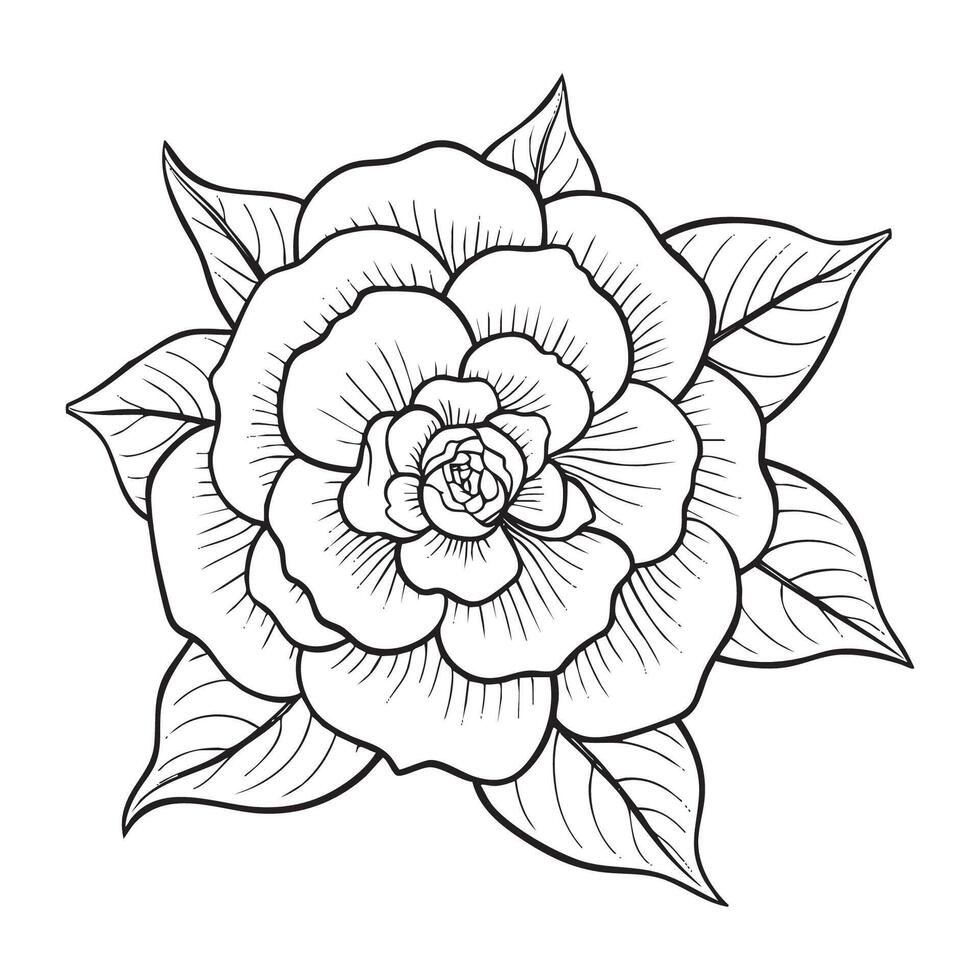Detailed Rose Flower Coloring Page with Layered Petals and Leaves Illustration vector