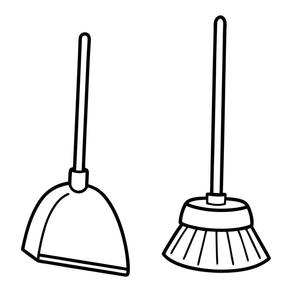 Simple Line Art Illustration of a Dustpan and a Broom. vector