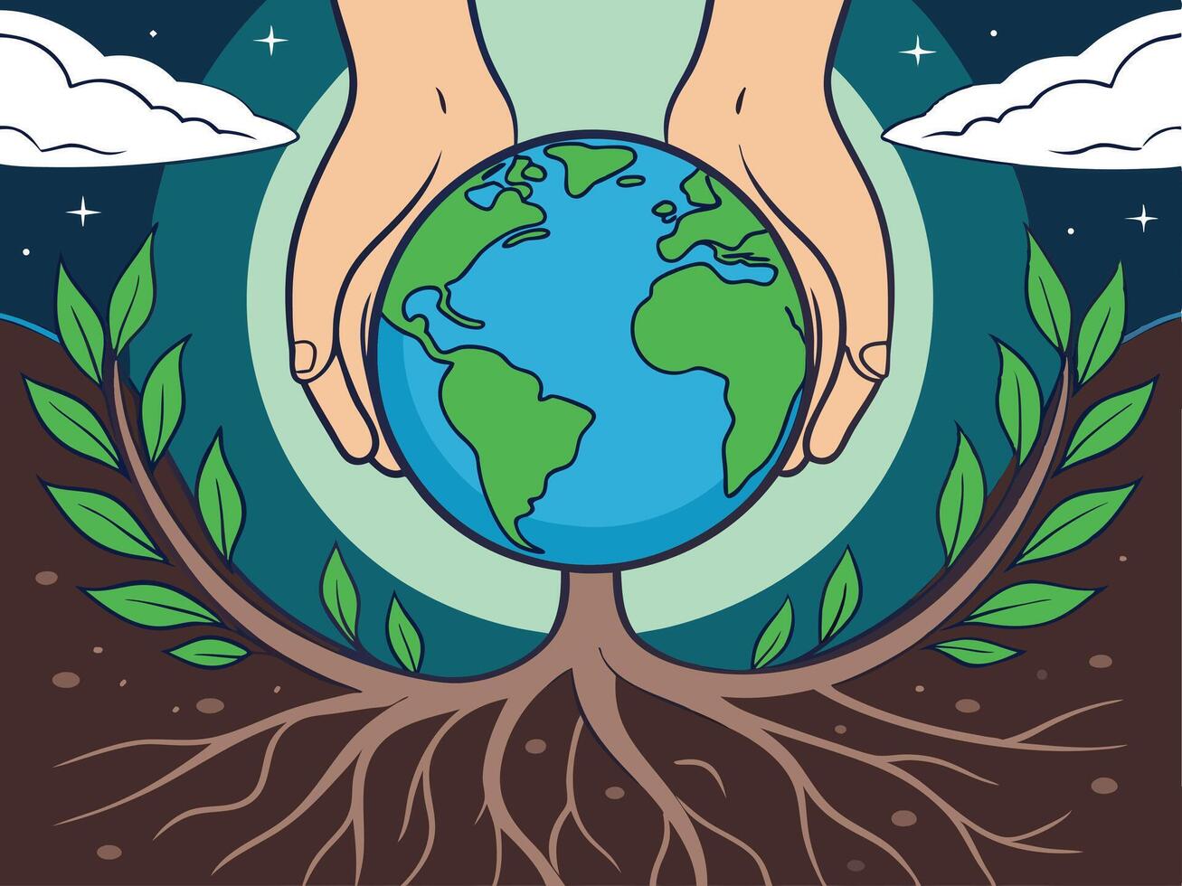 Hands Holding Earth, Rooted in Nature. vector