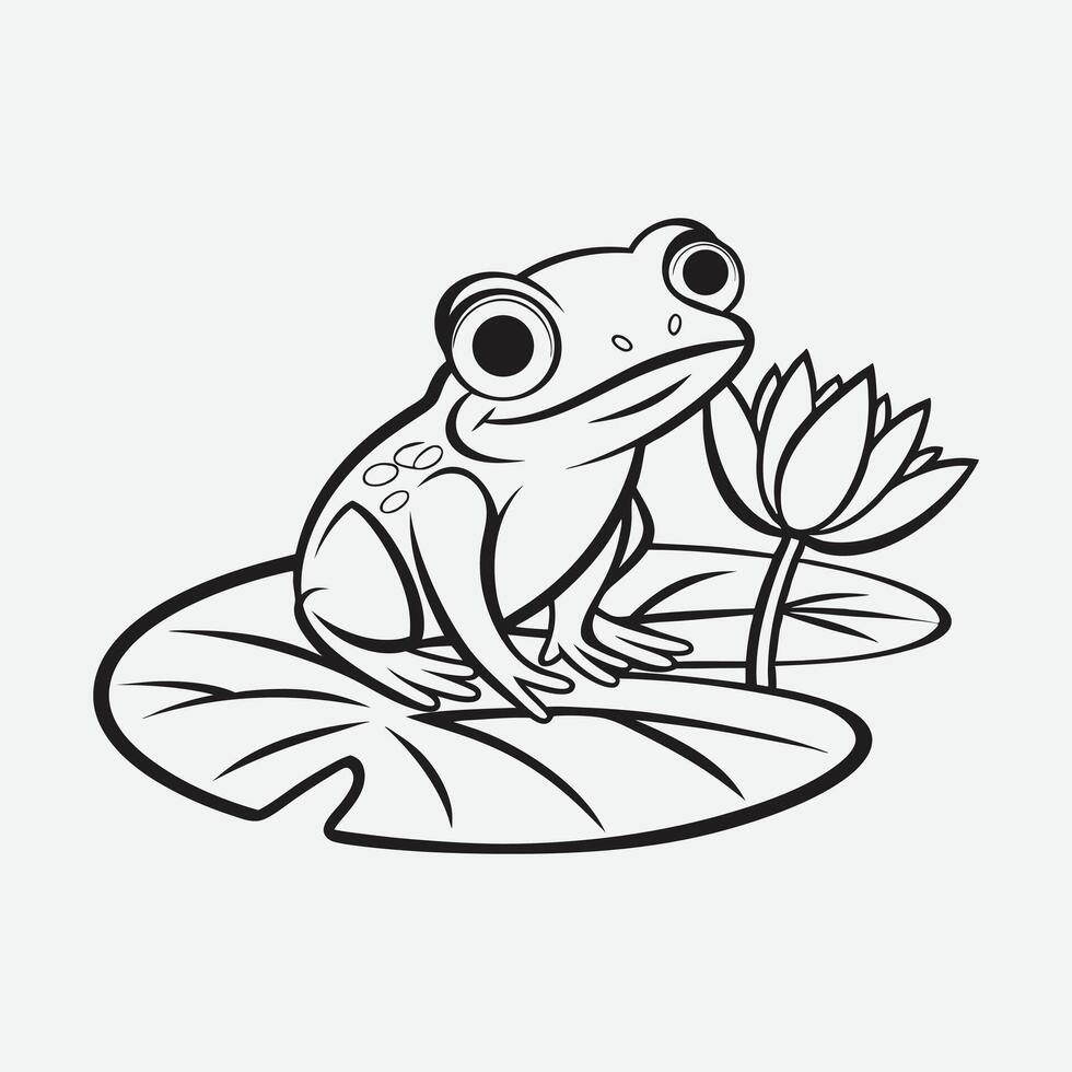 Cute Frog Coloring Page with Water Lily. vector