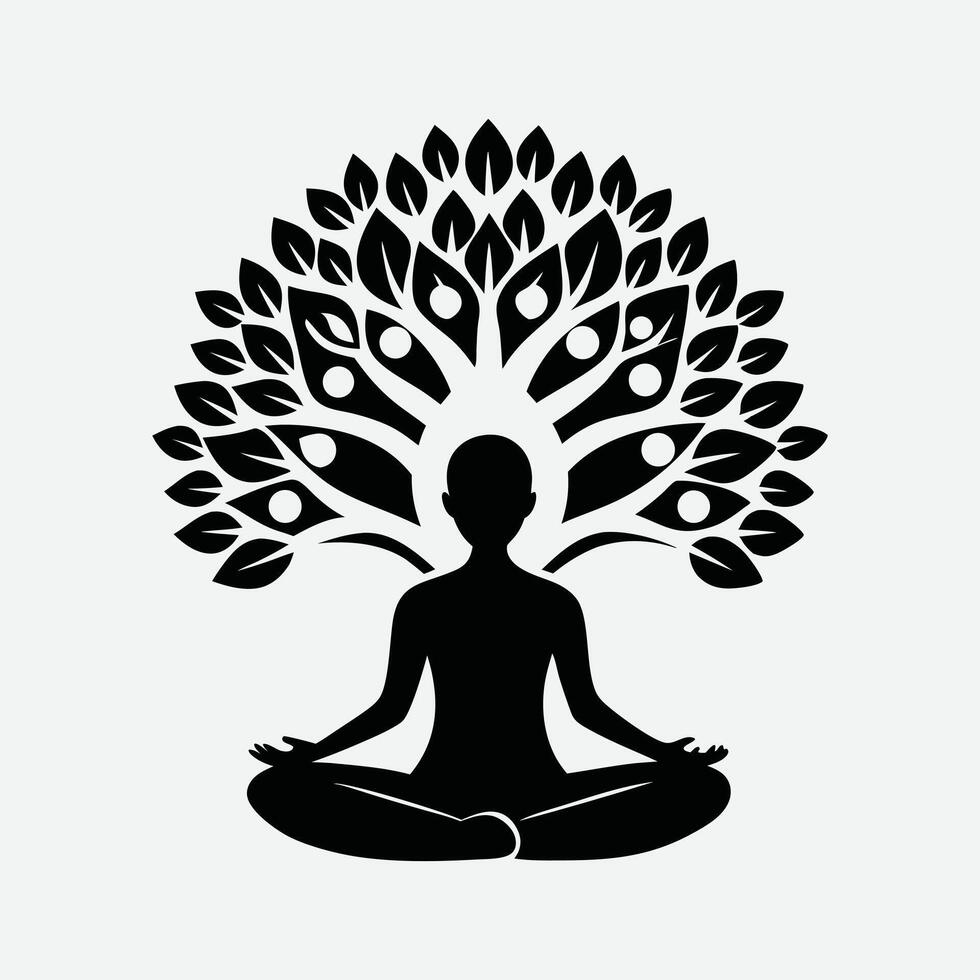 Silhouette of a person meditating under a tree of life, symbolizing inner peace. vector