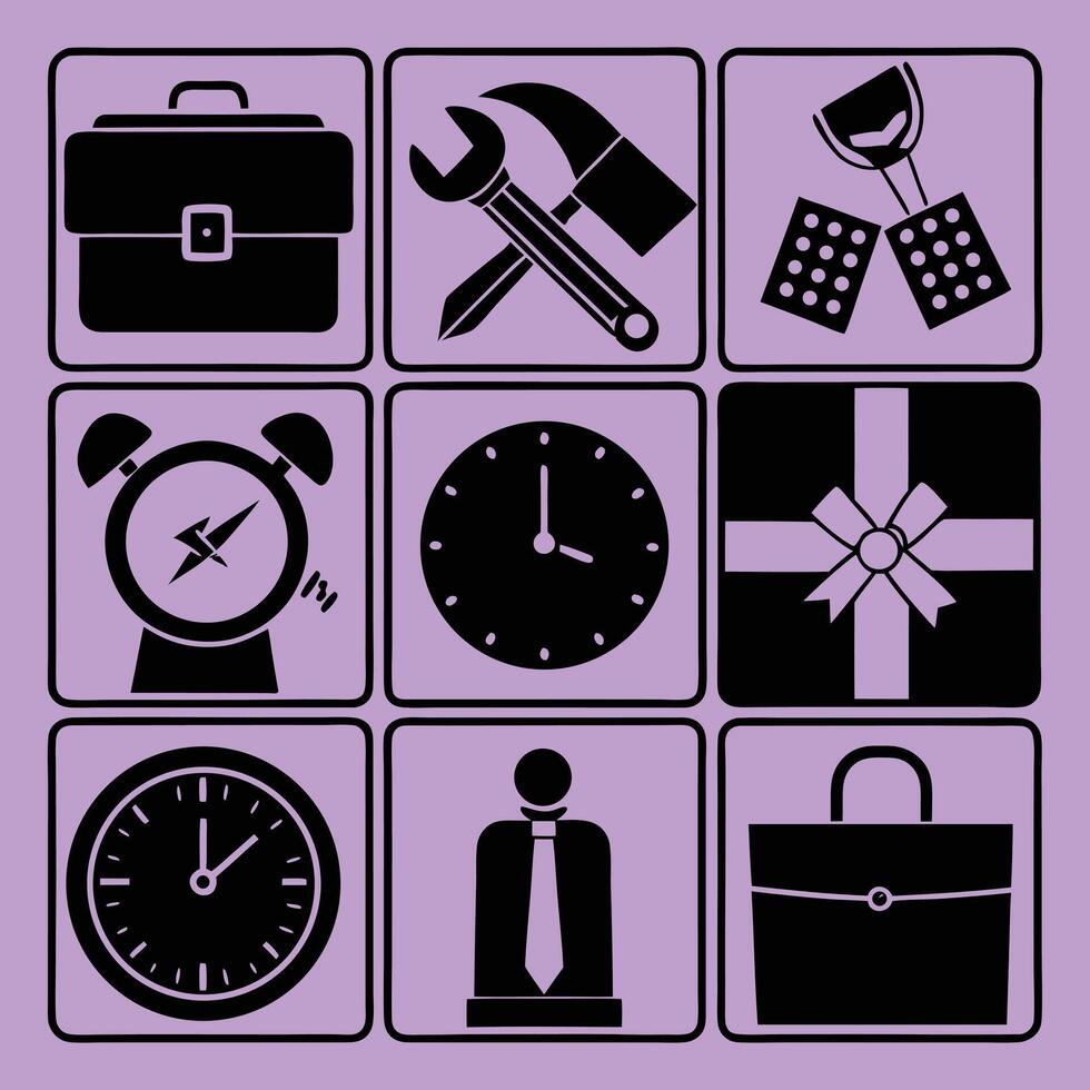 Collection of black and white business icons on a lavender background. vector