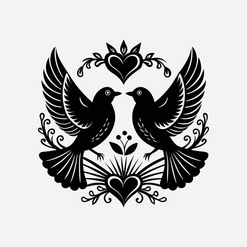 Elegant black and white design of two birds in flight, symbolizing love. vector