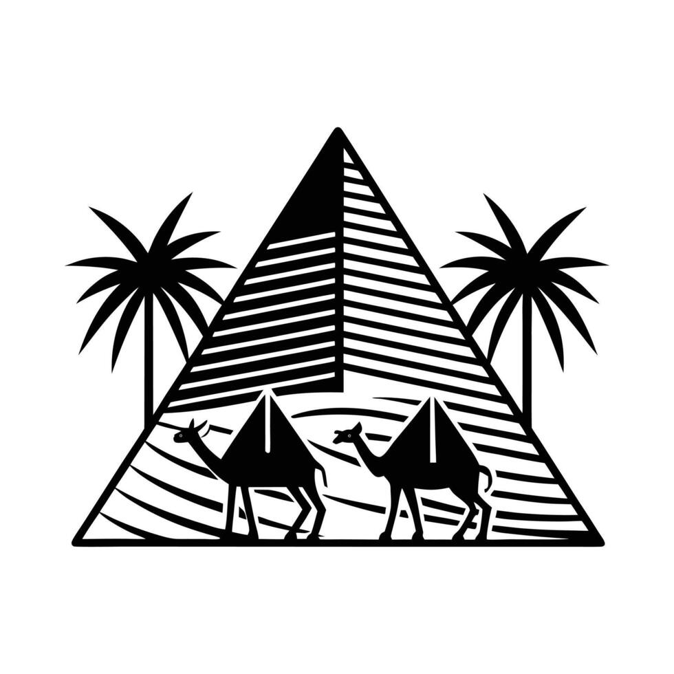 Stylized Illustration of Pyramids and Camels in Desert. vector