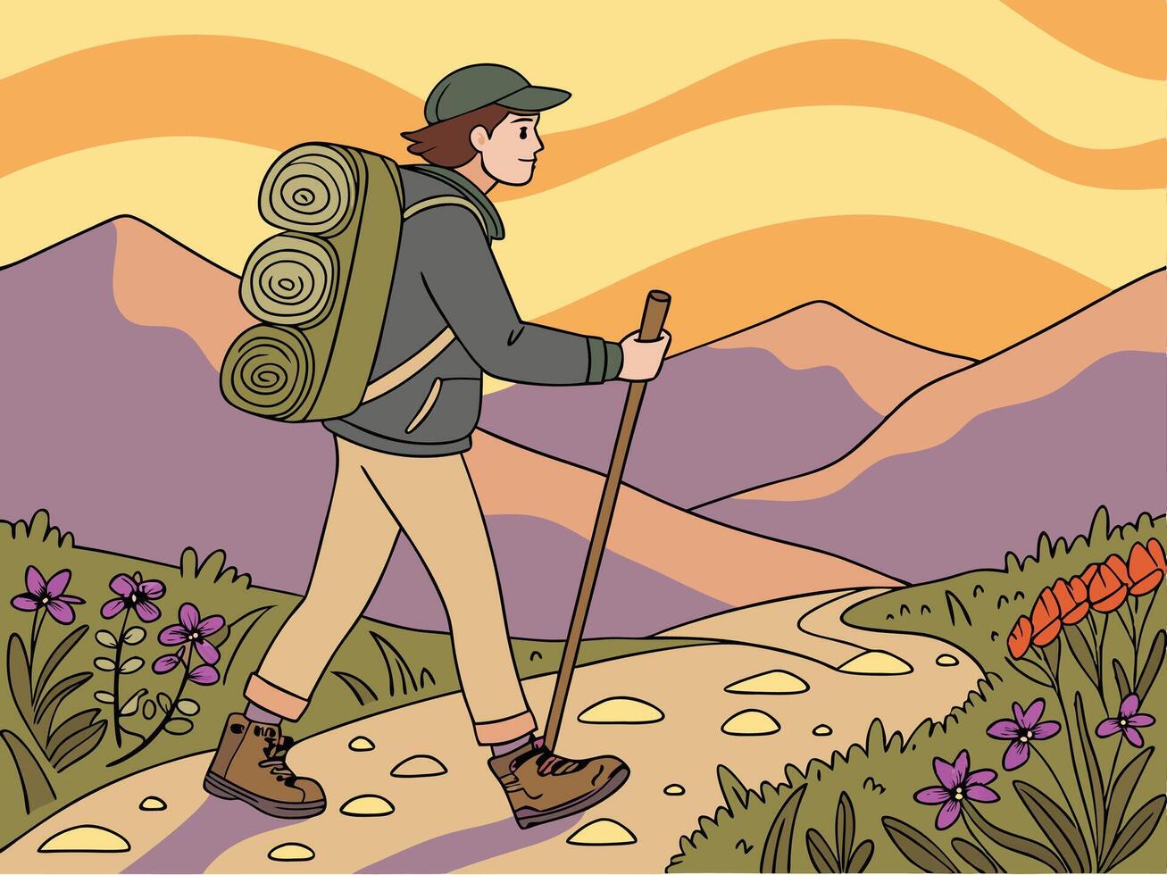 Happy Hikers Enjoying a Mountain Path at Sunrise. vector