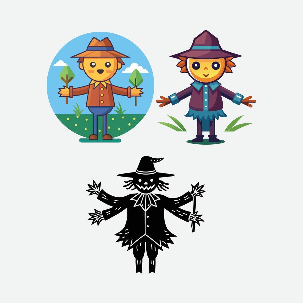 Cute cartoon scarecrows in a vibrant farm setting. vector