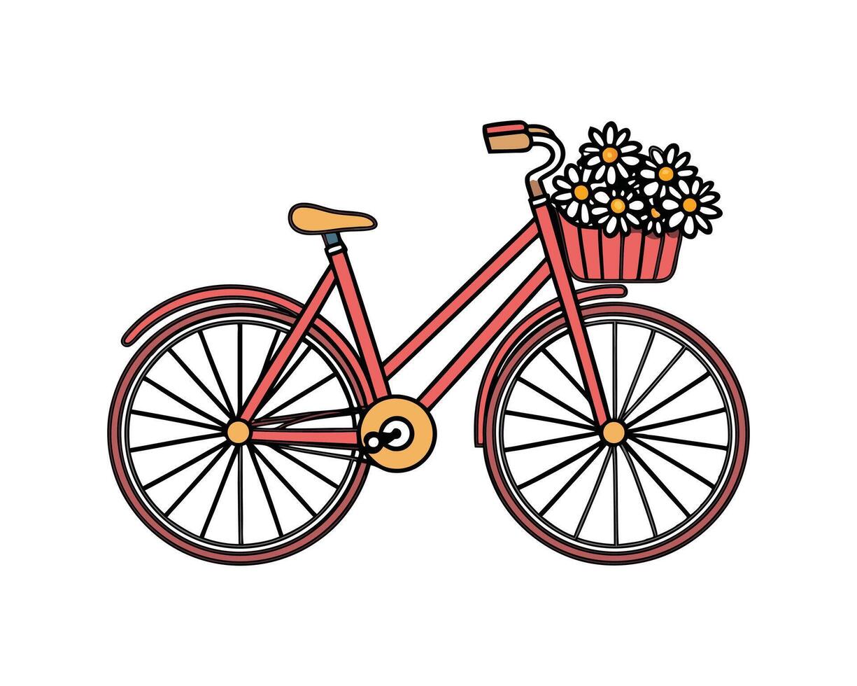 Cute, Feminine Illustration of a Red Bicycle with a Flower Basket. vector