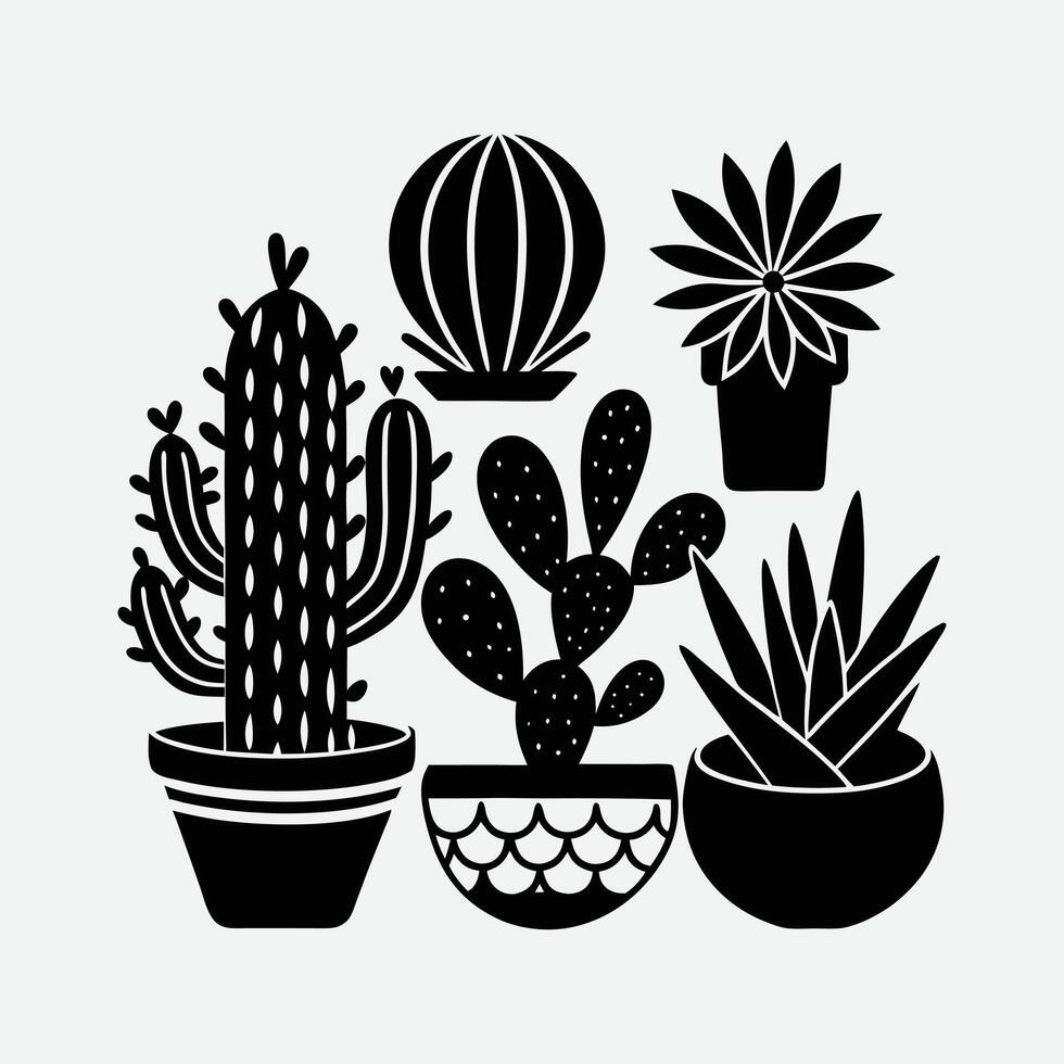 Stylish black and white cactus and succulent illustration. vector