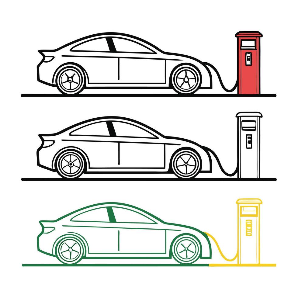 Electric Car Charging at Station - Three Color Variations. vector